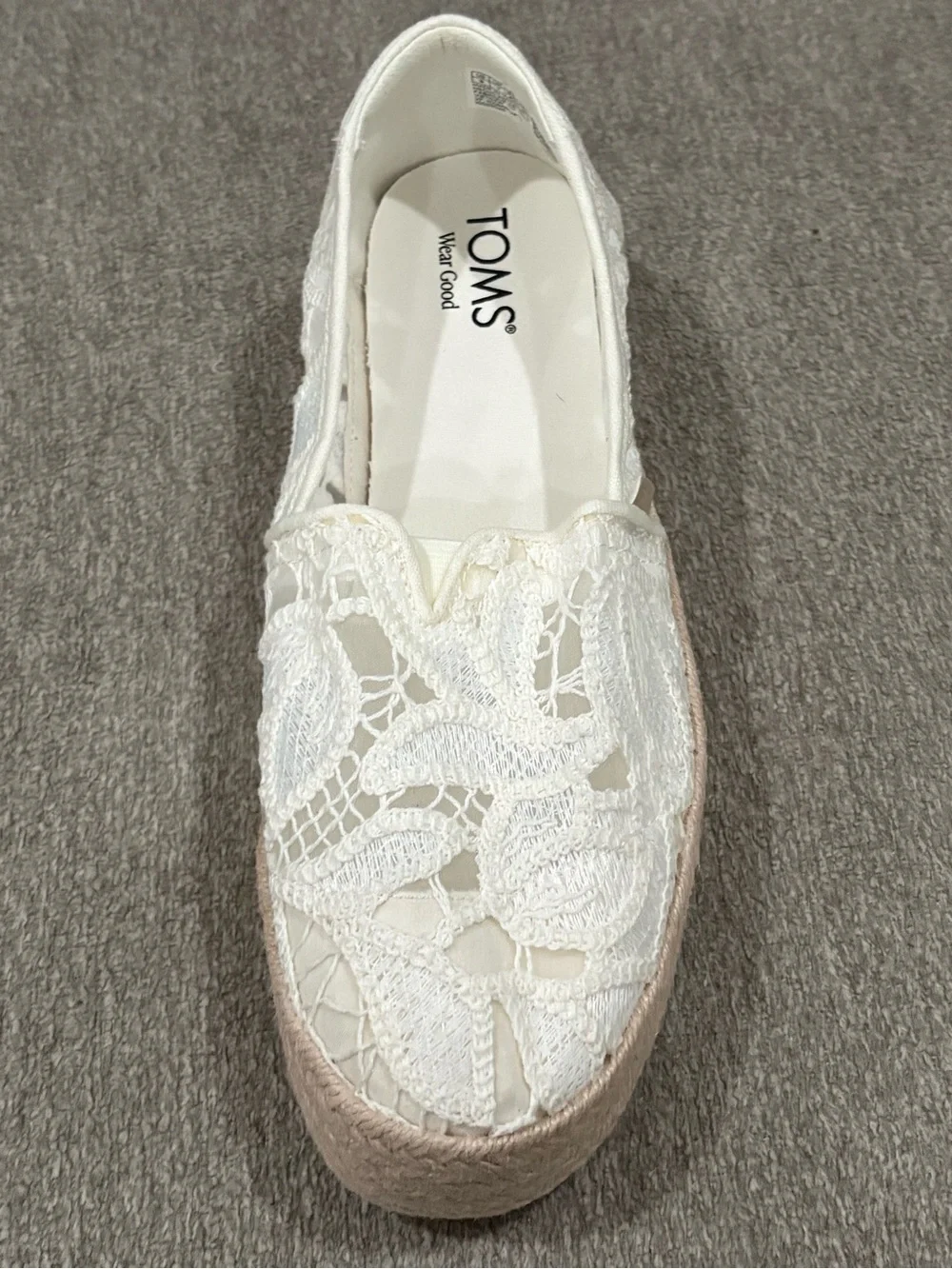 Toms White Lace Espadrille Platform Slip-Ons White Floral Crochet